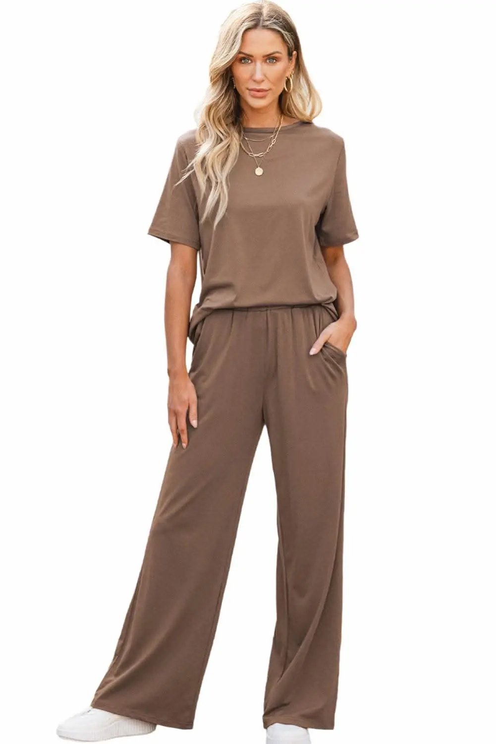 Smoke Gray Solid Color T Shirt 2pcs Wide Leg Pants Set - Love Salve